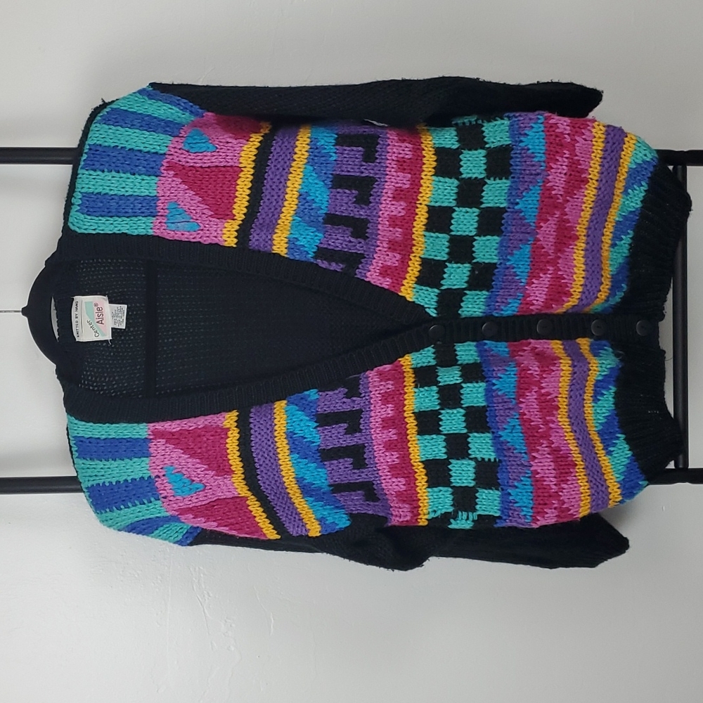Colorful Patterned Black V-Neck Button Cardigan Sweater